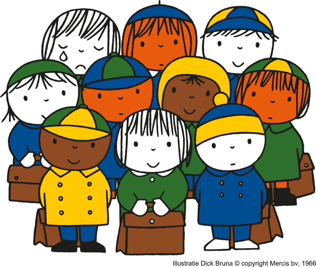 Illustratie van Dick Bruna met een groep diverse kinderen met schooltassen, één kind huilt, de anderen lachen of kijken neutraal