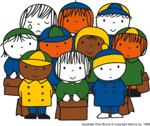 Illustratie van Dick Bruna met een groep diverse kinderen met schooltassen, één kind huilt, de anderen lachen of kijken neutraal
