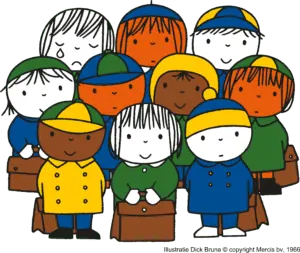 Illustratie van Dick Bruna met een groep diverse kinderen met schooltassen, één kind huilt, de anderen lachen of kijken neutraal