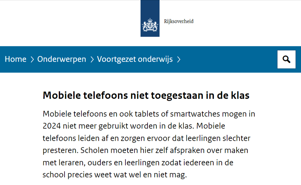 Voorbeeld waaruit blijkt dat het ministerie onterecht communiceert dat mobiele devices niet meer toegestaan zouden zijn in de klas.